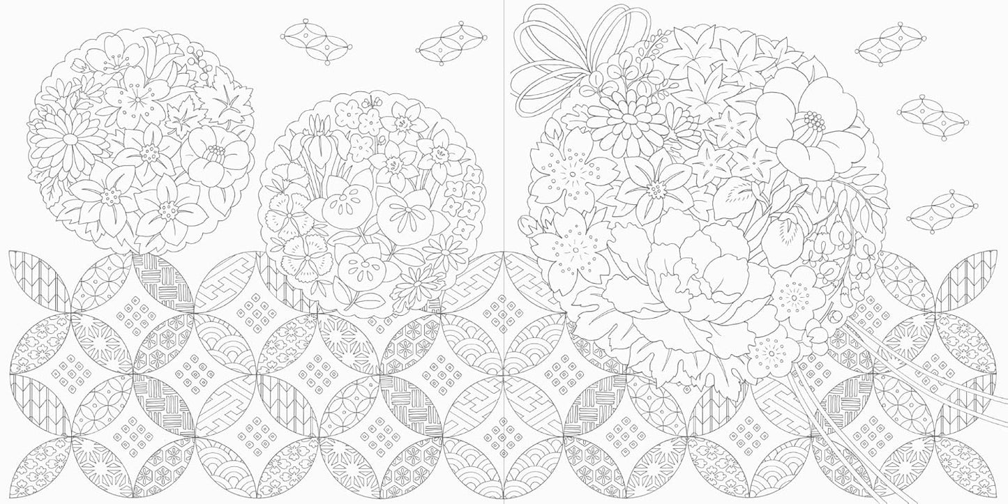 Traditional Japanese Flowers in Four Seasons Coloring Book - Japanese Coloring Book