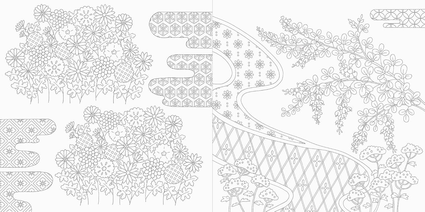 Traditional Japanese Flowers in Four Seasons Coloring Book - Japanese Coloring Book