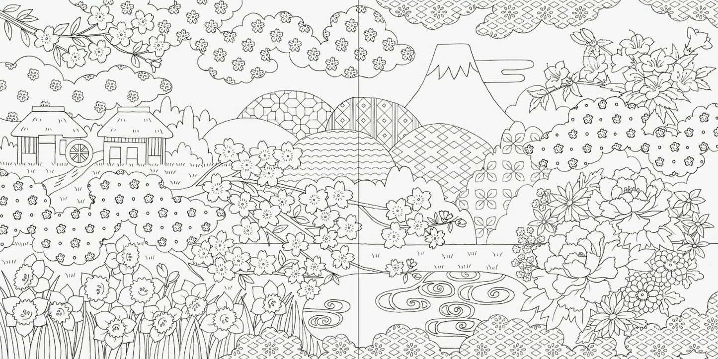 Traditional Japanese Flowers and Travel in Four Seasons Coloring Book - Japanese Coloring Book