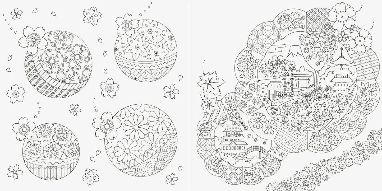 Traditional Japanese Flowers and Travel in Four Seasons Coloring Book - Japanese Coloring Book