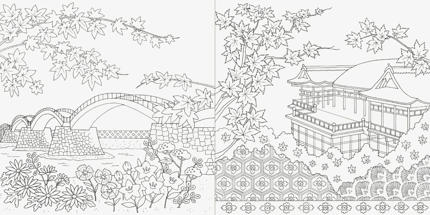 Traditional Japanese Flowers and Travel in Four Seasons Coloring Book - Japanese Coloring Book