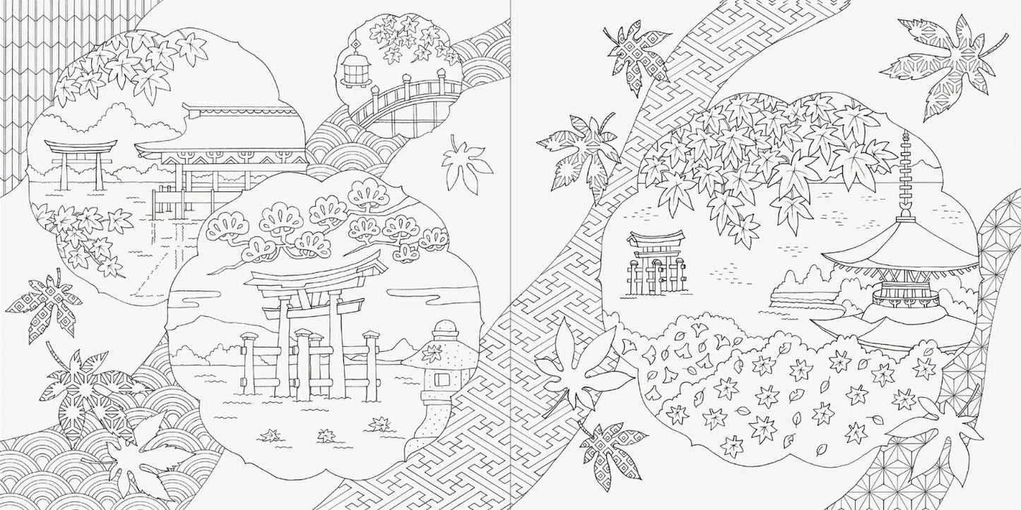 Traditional Japanese Flowers and Travel in Four Seasons Coloring Book - Japanese Coloring Book