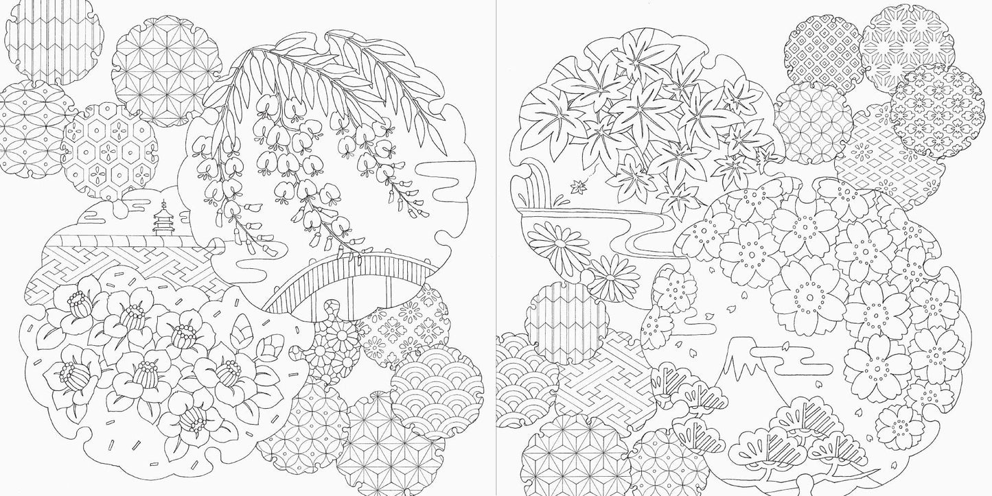 Traditional Japanese Flowers and Scenery in Four Seasons Coloring Book - Japanese Coloring Book (NP)