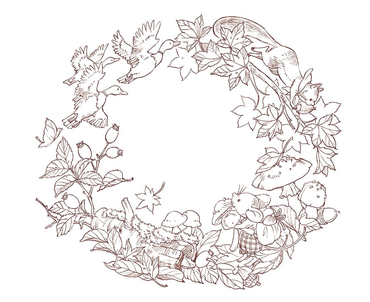 Seasonal Wreaths of plants and friends - Japanese Coloring Book