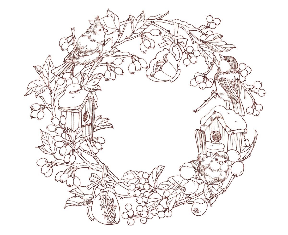 Seasonal Wreaths of plants and friends - Japanese Coloring Book