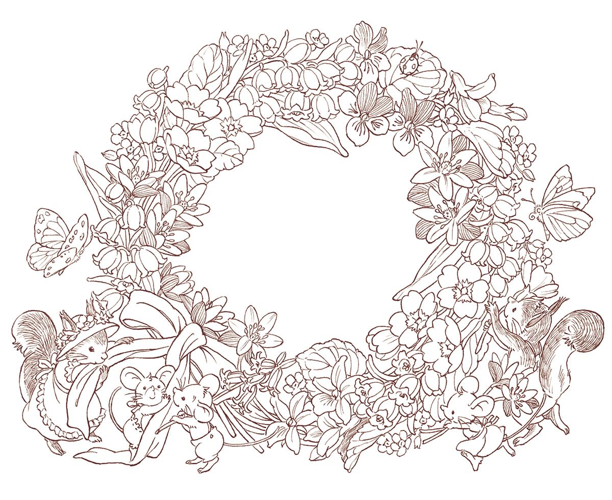 Seasonal Wreaths of plants and friends - Japanese Coloring Book