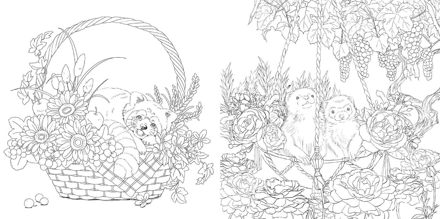 Flowers of the Four Seasons and Cute Animals - Japanese Coloring Book