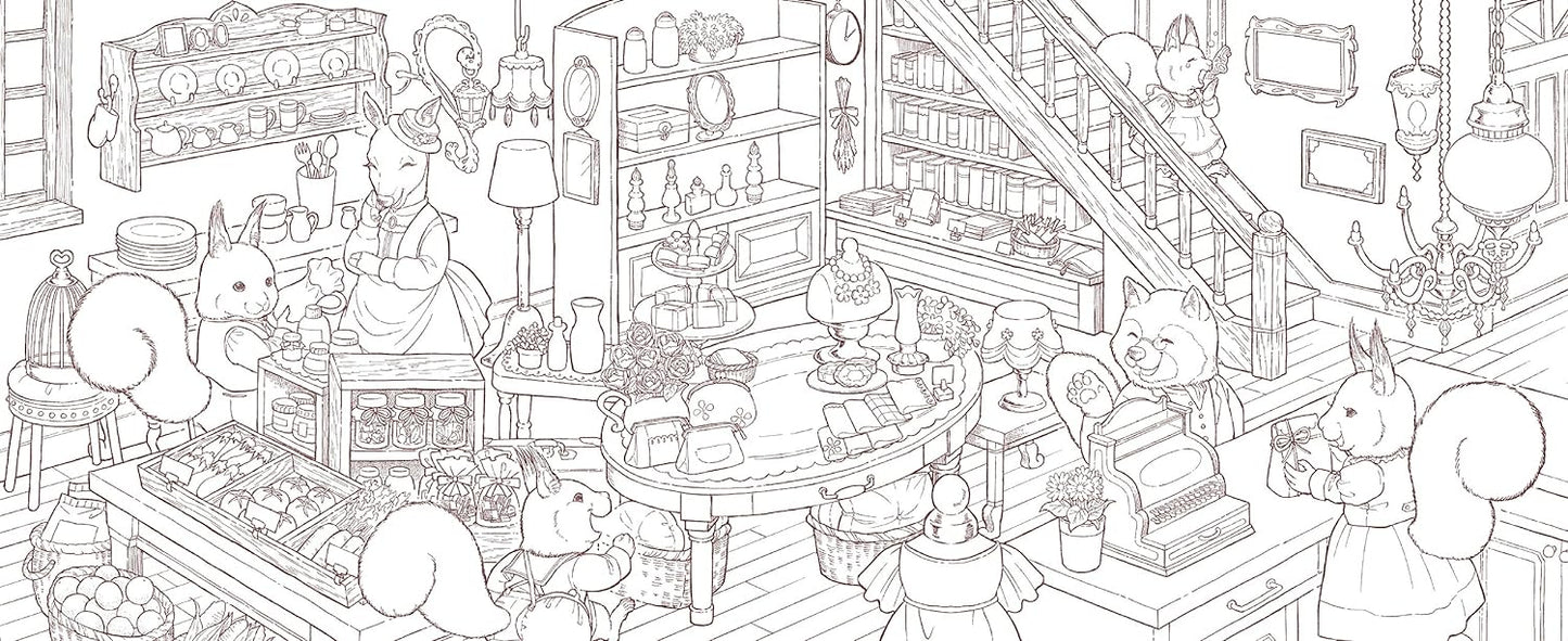 Friendly Little Squirrels and the Residents of Antique Town Coloring Book - Japanese Coloring Book